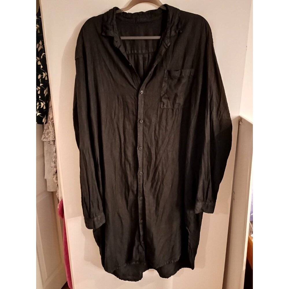 CP Shades Linen Black Long Sleeve Button Up Midi Shirt Dress Oversized Medium